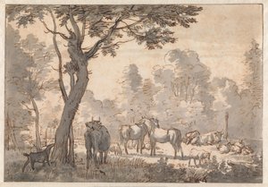 Wooded Landscape with Horses, Cows and Goats by Adriaen van de Velde
