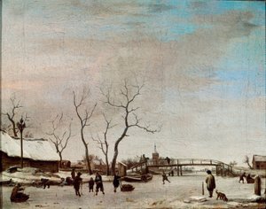 Frozen river with skaters by Adriaen van de Velde
