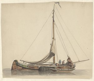 Two Men Working on a Flatboat with Lowered Sails