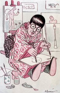 Cartoon showing Tsuguharu Fujita, baptized Leonard Foujita, French painter of Japanese origin. Drawing by Barrere in Fantasio, on 01/04/1927.