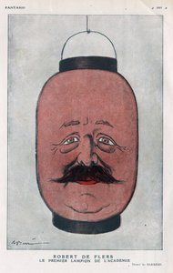 Robert Pelleve de La Motte-Ango, Marquis de Flers, French playwright (1872-1927). (The first lantern of the academy). Cartoon by Barrere in 
