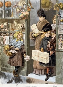 Poor girl selling small bouquets at the exit of a toy store where rich people come out (shopping for Christmas?) - drawing by Adrien Marie