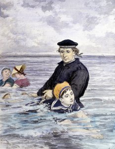 Swimming lesson - drawing by Adrien Marie (1848 - 1891), late 19th century