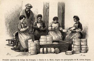 The first operation of the scraping of the cheeses, eight days after the winery, the down that grew on the surface of the cheese is removed to allow better contact with the fresh air of the cellar, which is removed is used to feed the cattle, engraving aft by Adrien Emmanuel Marie