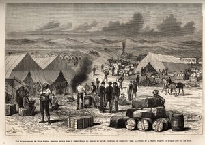 View of the Black Buttes camp, last station in the red desert (Mojave desert) of the Pacific Railway, in September 1868, engraving after the drawing of A.Marie, illustrating the voyage from Washington to San Francisco, in 1868, by L. Simonin, published in