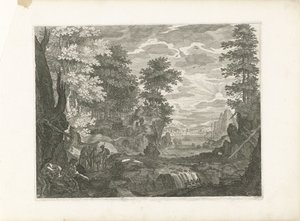 Waterfall with a City in the Background (series title: Four Landscapes in Bohemia) by Aegidius Sadeler (II) (attributed to)