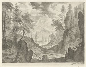Forest Landscape with Waterfall (series title: Mountain Landscapes from Tyrol) by Egidius  Sadeler (II)
