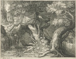 Travelers Above a Waterfall (Six Landscapes) by Egidius  Sadeler (II)