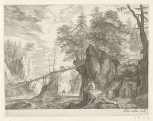 Drawer Sitting on a Stone in Front of a Bridge (series title: Mountain Landscapes from Tyrol) by Egidius  Sadeler (II)