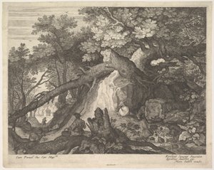 A Man Holding a Staff and Seated on a Tree Trunk, with Two Goats to Either Side by Aegidius Sadeler II