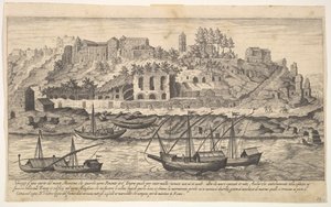 Plate 21: view from the west of ruins of the Aventine Hill, Rome, with boats on the river by Aegidius Sadeler II