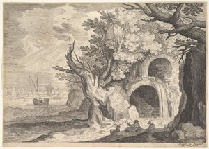 Ruined aqueduct with water spilling from it to a stream below, ships at sea beyond, ca. 1600 by Aegidius Sadeler II