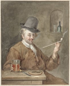Man Smoking a Pipe at a Table with a Plate, a Knife, and a Glass by Aert Schouman