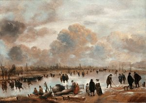 A Winter Landscape with Skaters and Townsfolk on a Frozen Waterway by Aert van der Neer