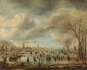 Winter Landscape near a Town with Kolf Players and Horse-Drawn Sleighs by Aert van der Neer