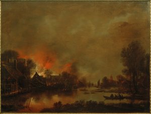 Nocturnal Canal Landscape with Fire in a Village by Aert van der Neer der Ältere