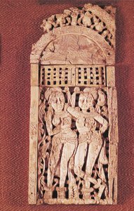 Carved Indian plaque depicting two female figures under a torana, from Begram, Afghanistan by Afghan School