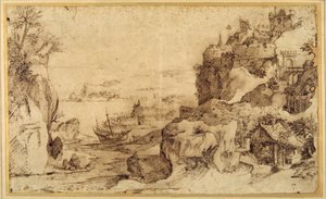 Downward view of a fortified harbour by Agostino (attr. to) Carracci