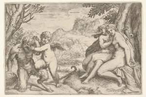 Love Conquers All, in a struggle with a satyr Amor places his right kn...