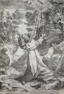 The stigmatization of Saint Francis on La Verna mountain (1224) by Agostino Carracci