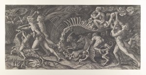 Lo Stregozzo: a female witch riding on an animal skeleton, preceded by two men