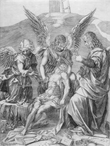 The Body of Christ Supported by Three Angels by Agostino Veneziano