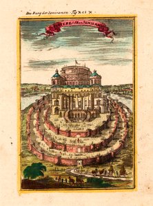 The Fortress and Hanging Gardens of the Legendary Queen Semiramis in Babylon - Fortress of Semiramis - Copper Engraving and Watercolour by Alain Manesson Mallet (1630-1706) by Alain Manesson Mallet