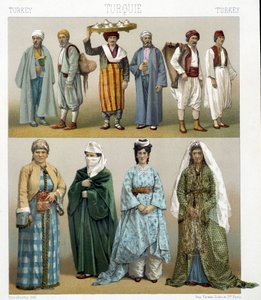 19th century Turkish costumes. Illustration in 