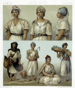 Costumes and Headdresses of Kabyl Women (Top). Tunisian and Algerian Costumes (Bottom). Illustration in 