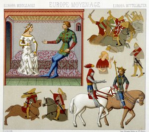 Costumes of the Middle Ages in France. Chromolithographic plate - in 