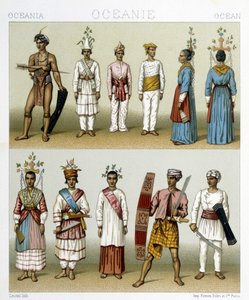 Inhabitants of the Celebes Islands in Indonesia. Illustration in “Le Costume Historique” by Racinet by Albert Charles August Racinet