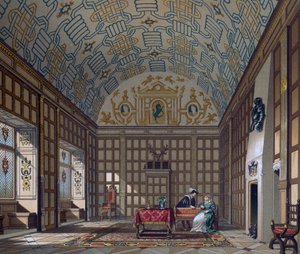Interior of 16th century English dwelling, Lithograph by Gaulard from Le Costume historique (The Complete Costume History) by Albert Charles August Racinet