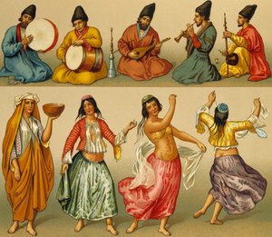 Musicians and Dancers from Persia, Lithography from Le Costume Historique