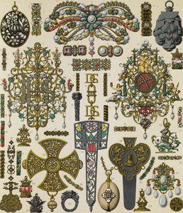Seventeenth-century jewelry, lithography published in Le costume historique, Volume V