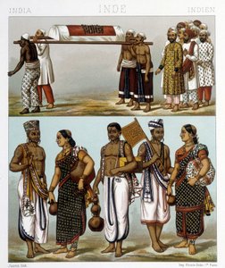 Traditional costumes of Muslims (Top) and Hindus (Bottom) living in India. Illustration in 