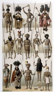 Traditional Costumes of the Indigenous People of Oceania. Illustration in 