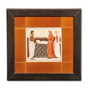 Tile painted with a medieval scene, c.1880-99