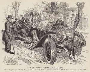 Cartoon mocking a man driving his car in excess of the speed limit by Albert Levering