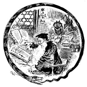 Alchemist Consulting His Grimoires Under the Eyes of an Owl and a Demon - the Frame of the Image is Shaped by a Snake Biting Its Tail - Illustration by Albert Robida for a Chapter