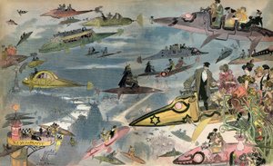 Anticipation: the release of the Paris Opera in 2000, seen by the designer Albert Robida in 1900. Parisians circulate through all kinds of air vehicles. by Albert Robida