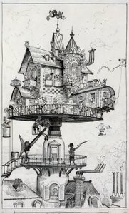Drawing Shows a Dwelling Structure Elevated Above Rooftops and Designed to Revolve and Adjust in Various Directions, Drawing by Albert Robida by Albert Robida