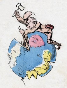 Ferdinand de Lesseps (1805-1894), French diplomat and administrator, sculptor and decorator of continents. Caricature by Robida