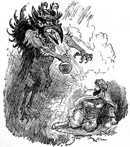 Illustration by Albert Robida of an Arab legend (1001 nights): a horrible demon presents a man with a bottle of wine. engraving of the book “Choix de lectures” Armand Colin 1926 by Albert Robida