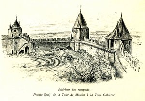 Medieval Cite de Carcassonne - Interieur des ramparts, pointe sud, de la tour du Moulin au la tour Cahuzac - location du Theatre de plein air - romantic engraving by Albert Robida in a book published at the beginning of the 20th century