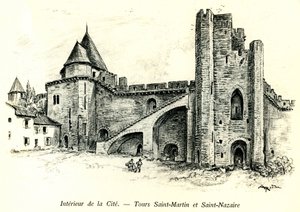 Medieval Cite de Carcassonne - Tours Saint Martin and Saint Nazaire with houses built against the ramparts - romantic engraving by Albert Robida in a book published at the beginning of the 20th century by Albert Robida