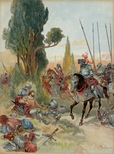 Sixth Italian War: Death of Pierre Terrail de Bayard, wounded by an arquebus strike at Rebec, in 1524, Charles de Montpensier, connetable from Bourbon, faced him. Illustration