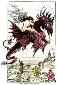 Succubus: female demon riding a dragon - illustration by Albert Robida for the Drolatic Tales by Honore de Balzac - beginning 20th century