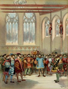 The Burgundy heraut, sent by Charles V, was received by Francois I in the grand hall of the Parliamentarom in Paris, first half of the 16th century. Illustration by Albert Robida