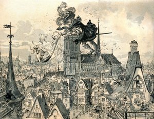The Giant Gargantua jumps from his horse by Albert Robida