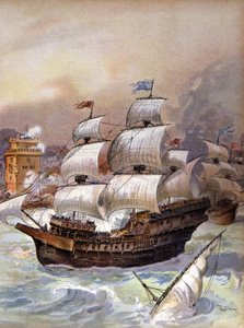 The fleet of Jean Ango blocks the Tagus and threatens Lisbon by Albert Robida